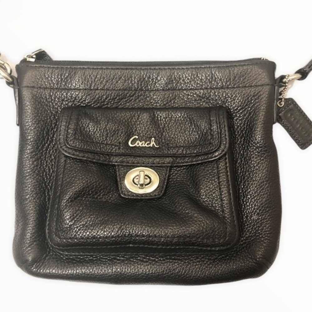 Coach black leather turnlock pocket crossbody bag